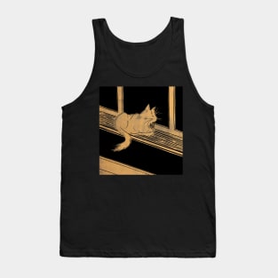 Maine Coon Cat on Windowsill Linocut in Gold and Black Tank Top